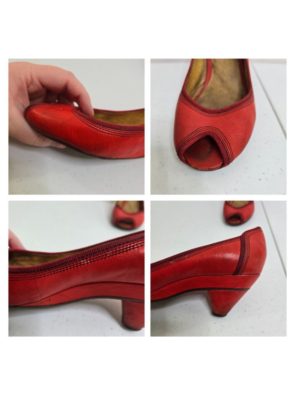 Frye Red Ada Pump Peep Toe 7.5 Low Heel Pumps Heels Bright Y2K Leather - Picture 5 of 9